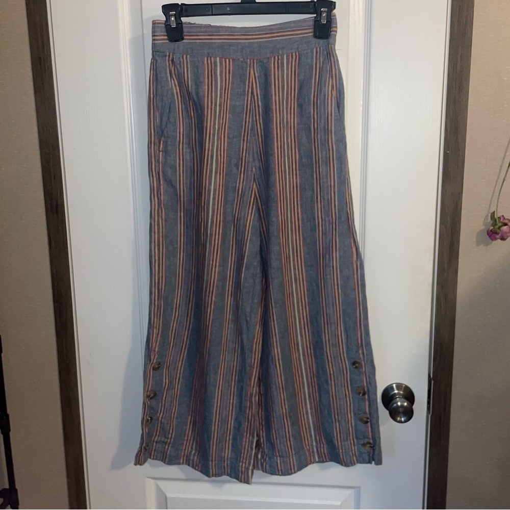 Madewell Linen Blend Pants Huston Pull-On Side-Button Crop Colorful Stripe Sz XS